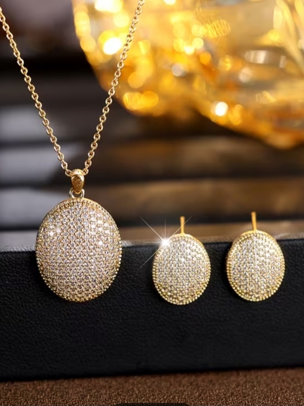 Gold Pave Oval Pendant Necklace & Stud Earrings Set